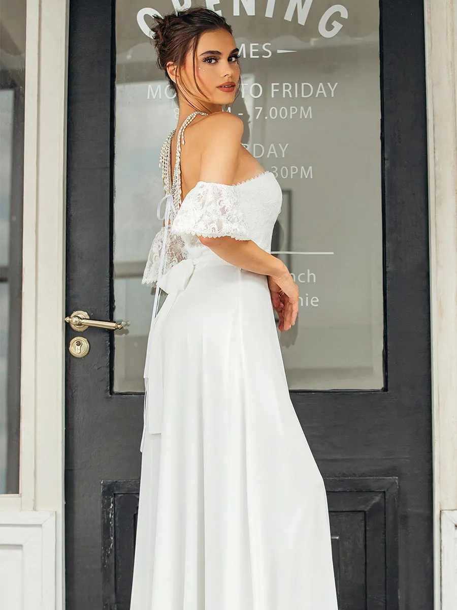 A Line Chiffon Strapless Wedding Dress Straight Neck Slit
