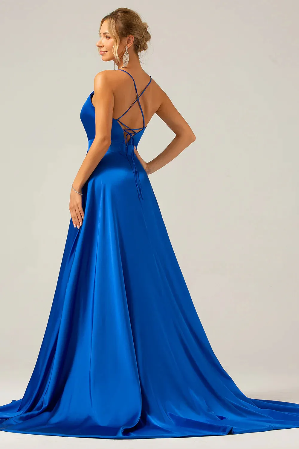 A Line Prom Dresses V Neck Pleated Satin Maxi Dress with Slit Royal Blue