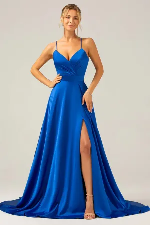 A Line Prom Dresses V Neck Pleated Satin Maxi Dress with Slit Royal Blue