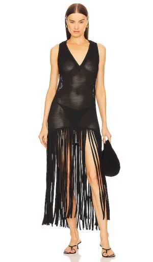 ADRIANA DEGREAS Fringe Maxi Dress in Black