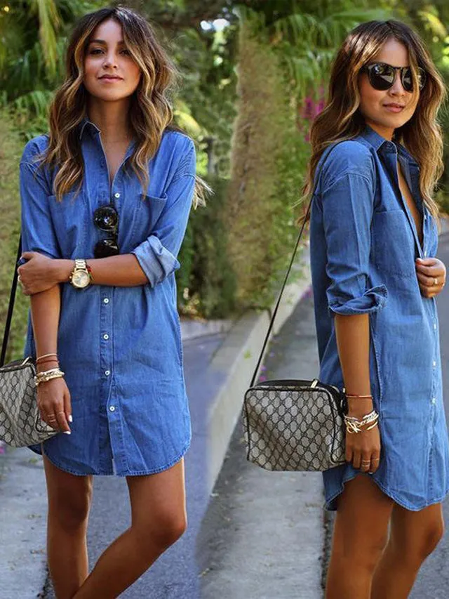 Dunnmall Casual Denim Shirt Female Long-sleeved Plus Size Dress