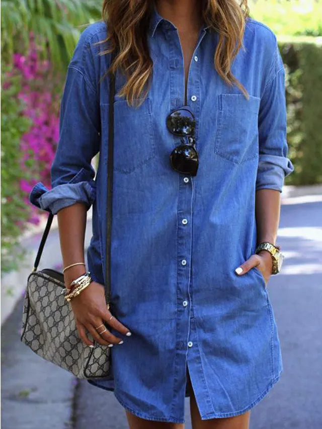 Dunnmall Casual Denim Shirt Female Long-sleeved Plus Size Dress