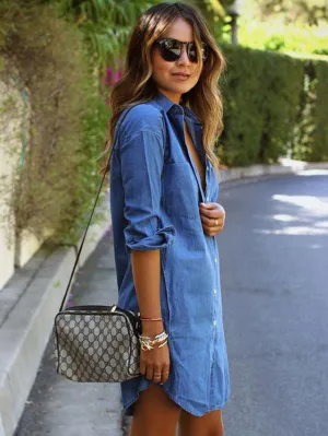 Dunnmall Casual Denim Shirt Female Long-sleeved Plus Size Dress