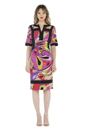 Elbow SLV Slit Cut Neck Color Block Below Knee Dress