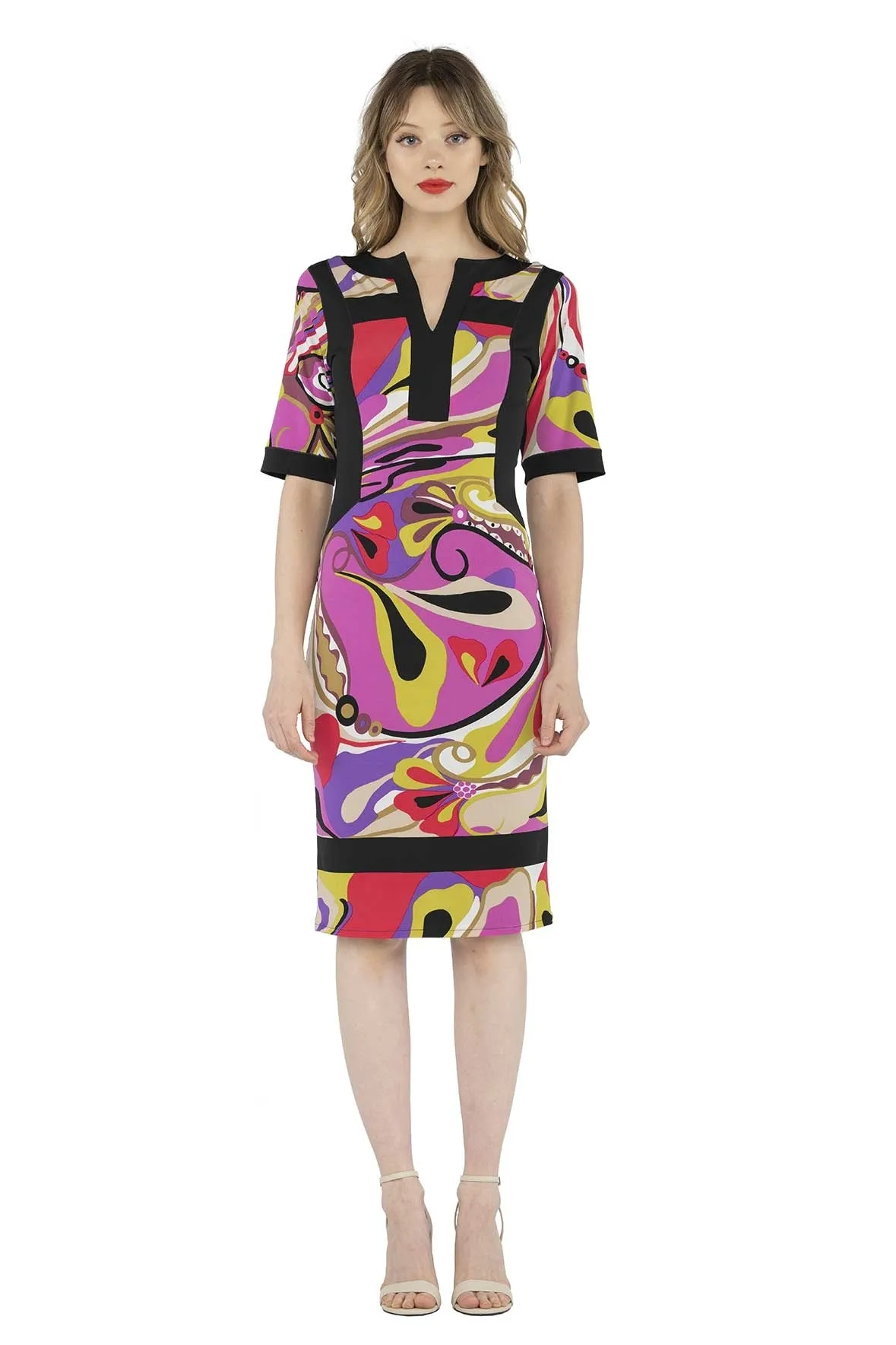 Elbow SLV Slit Cut Neck Color Block Below Knee Dress