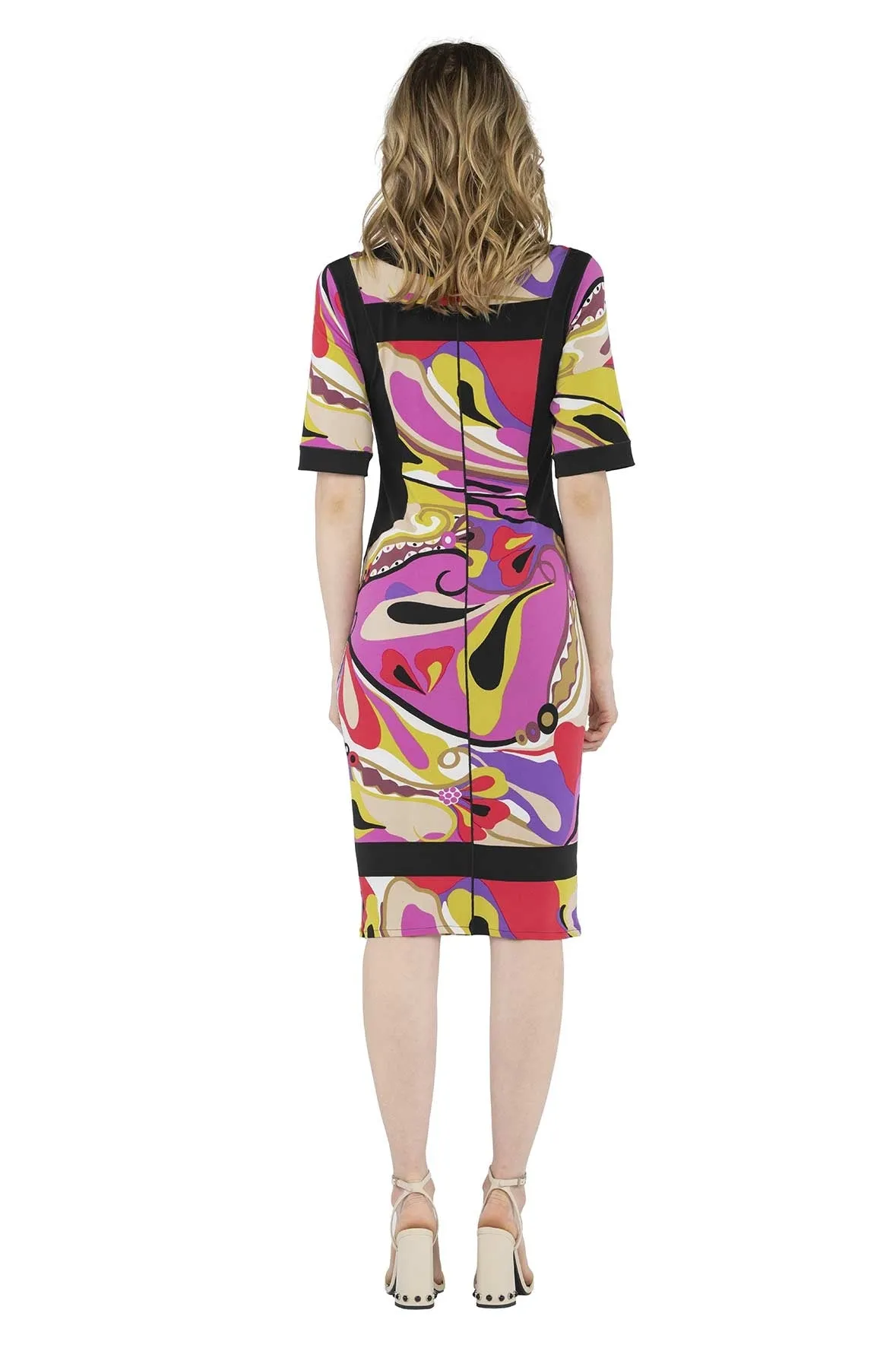 Elbow SLV Slit Cut Neck Color Block Below Knee Dress