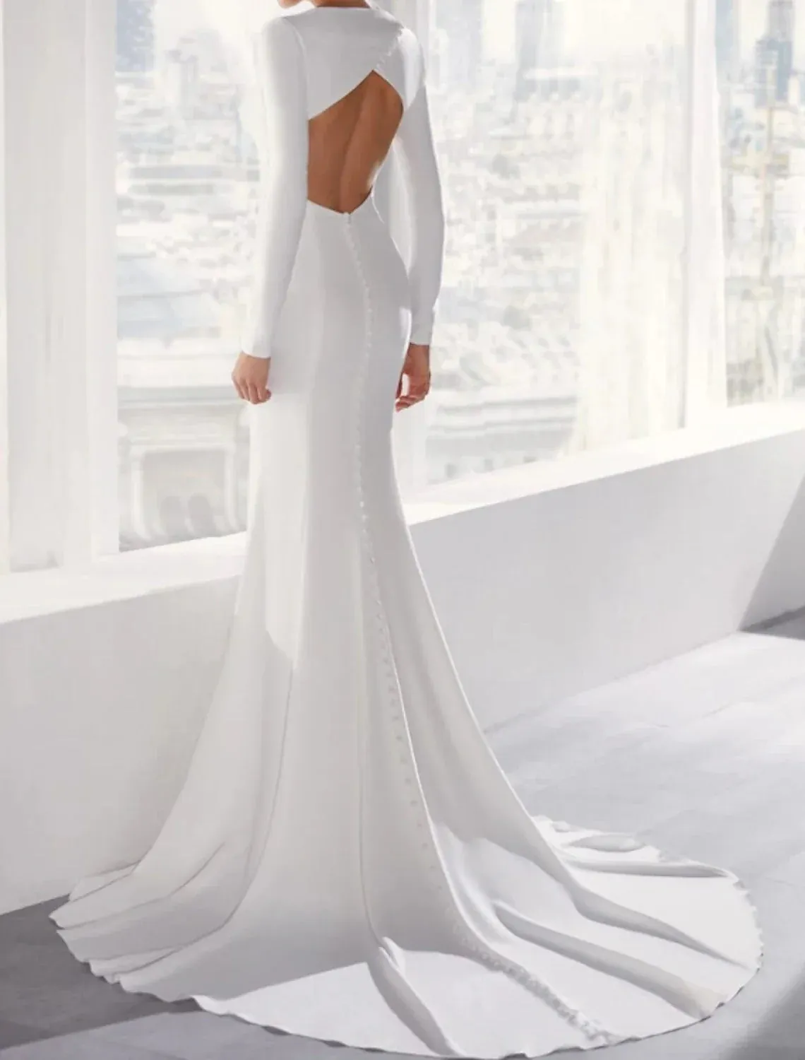 Hall Open Back Casual Wedding Dresses Mermaid / Trumpet Scoop Neck Long Sleeve Court Train Stretch Fabric Bridal Gowns With Buttons