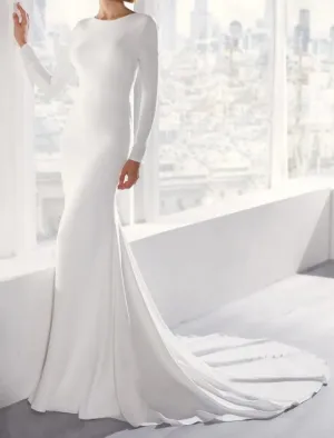 Hall Open Back Casual Wedding Dresses Mermaid / Trumpet Scoop Neck Long Sleeve Court Train Stretch Fabric Bridal Gowns With Buttons