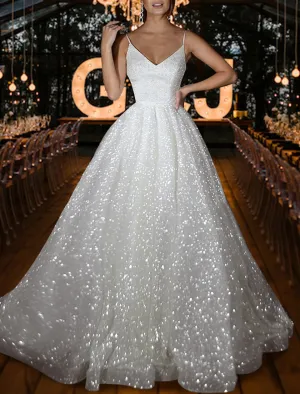 Hall Sparkle & Shine Casual Wedding Dresses A-Line Camisole V Neck Spaghetti Strap Sweep / Brush Train Sequined Bridal Gowns With Solid Color