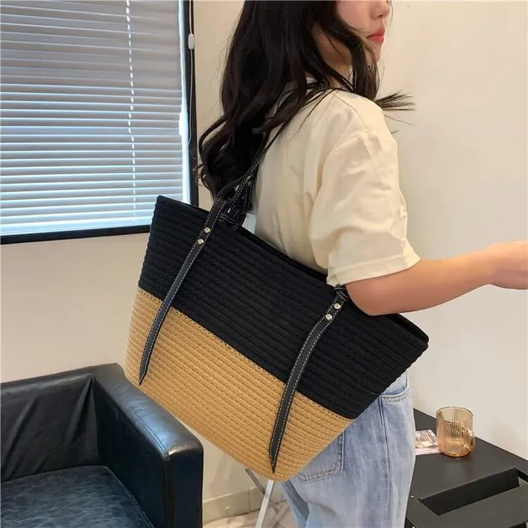Large Straw Tote Beach Bag with Leather Strap-Showtown