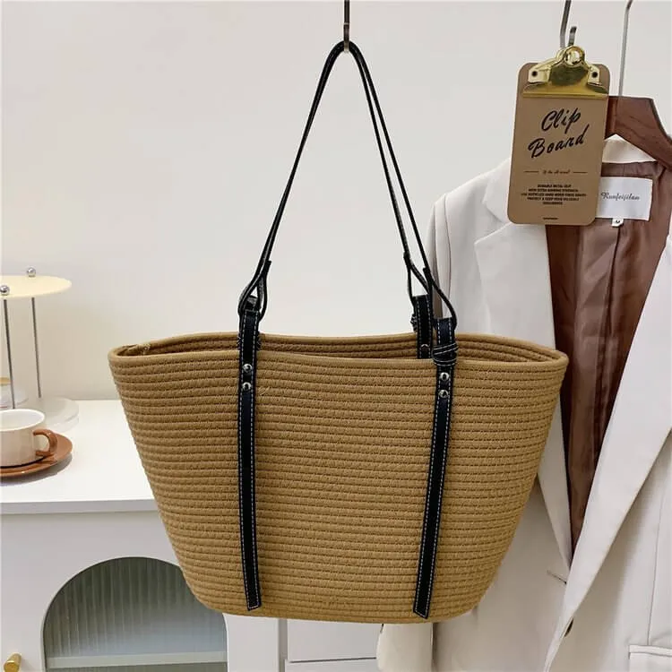 Large Straw Tote Beach Bag with Leather Strap-Showtown