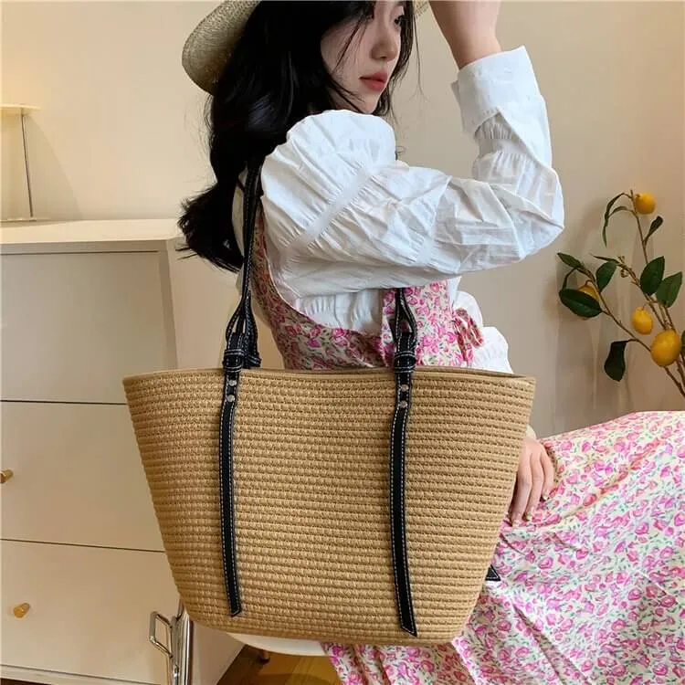 Large Straw Tote Beach Bag with Leather Strap-Showtown