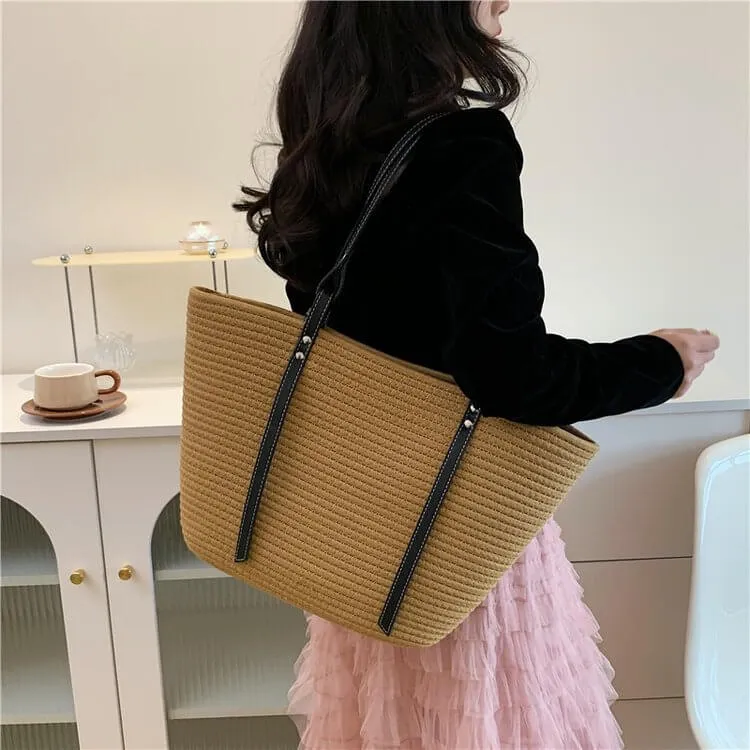 Large Straw Tote Beach Bag with Leather Strap-Showtown