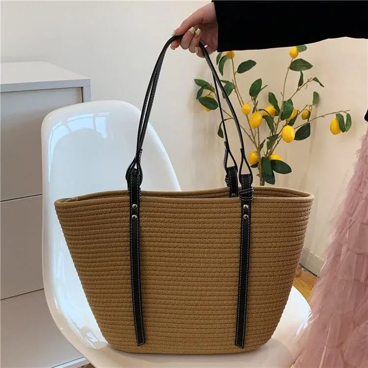 Large Straw Tote Beach Bag with Leather Strap-Showtown