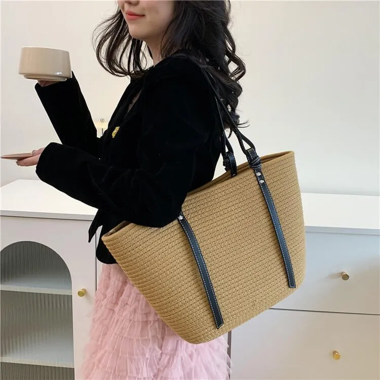 Large Straw Tote Beach Bag with Leather Strap-Showtown