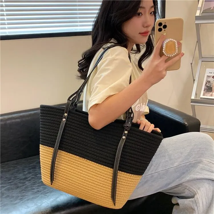 Large Straw Tote Beach Bag with Leather Strap-Showtown