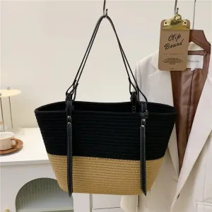 Large Straw Tote Beach Bag with Leather Strap-Showtown