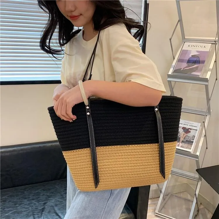 Large Straw Tote Beach Bag with Leather Strap-Showtown