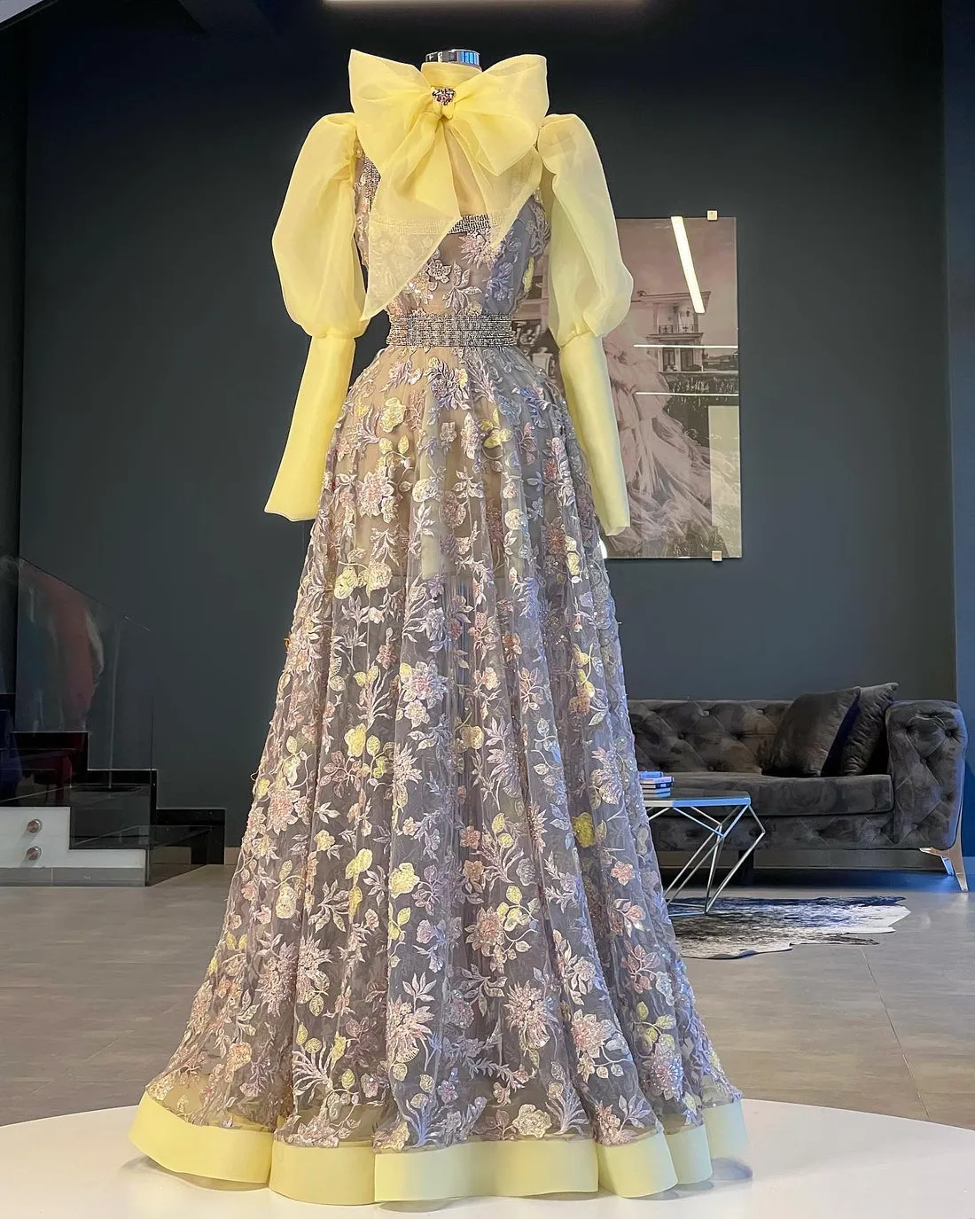 Rylee A-Line dress, long sleeves, yellow Evening Dress