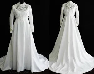 Size 10 Wedding Dress - 1960s White Crepe Vintage Bridal Gown with Lace Bodice & Formal Skirt - Attached Train - 60s Alfred Angelo - NWT