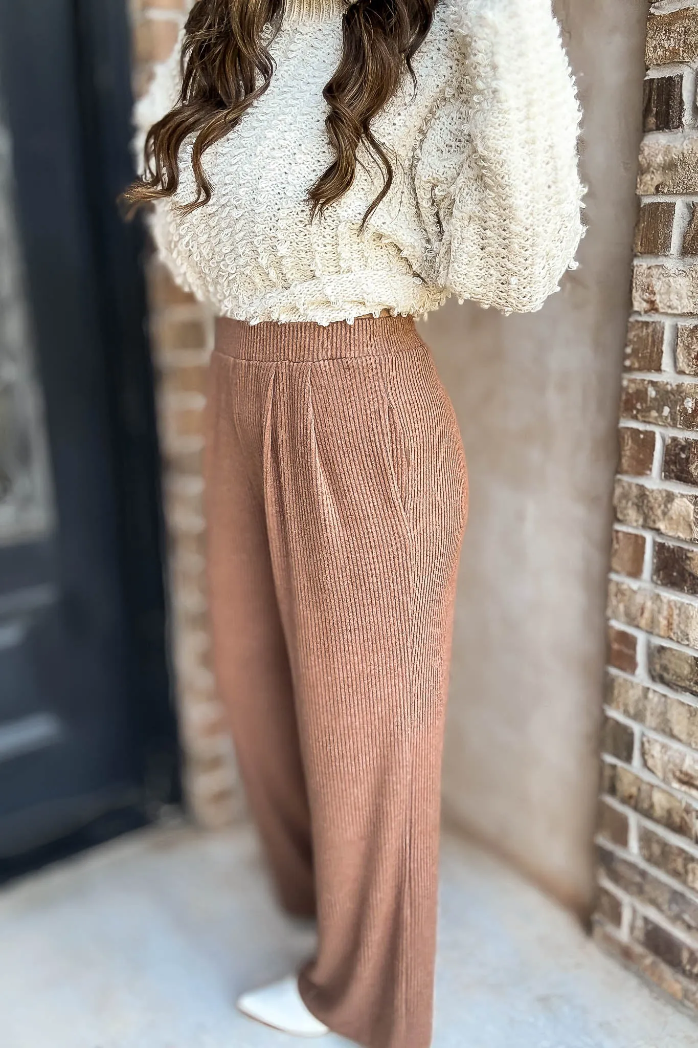Toffee Ribbed Knit Loose Fit Pants